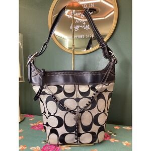 Coach Signature bucket Bag Medium Black and Gray Monogram Canvas 2009